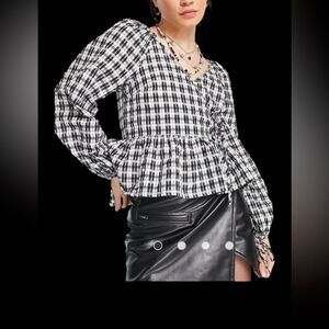 NWOT Topshop Black and White Check Blouse tie sleeves